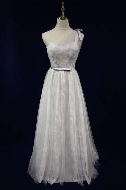 Beautiful Light Grey One Shoulder Lace-Up Bridesmaid Dress, Lovely Grey Party Dress gh411