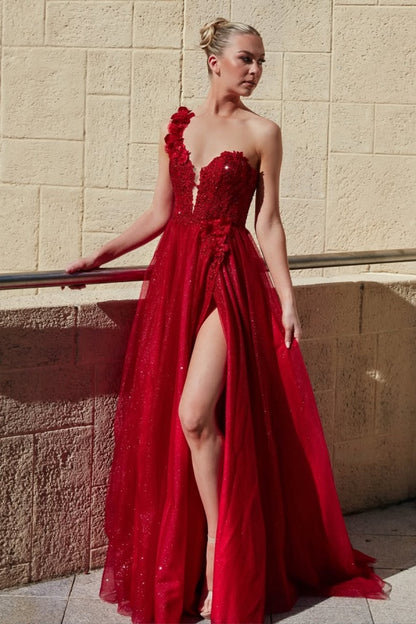 Red One-Shoulder Split Glittery Appliques Prom Dress ZT0539