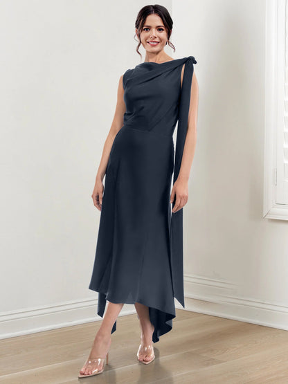 Sheath/Column Jewel Neck Tea-Length Asymmetrical Mother of the Bride Dresses with Ruched