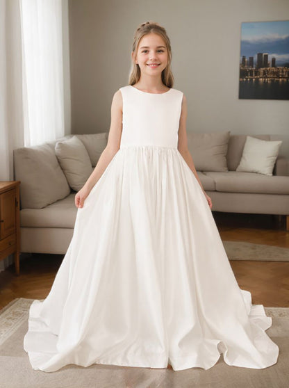 A-Line Princess Sleeveless Satin Flower Girl Dress with Sweep Train and Bow