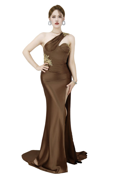 Long Prom Dress With Slit One Shoulder Sleeveless Brown YX00009