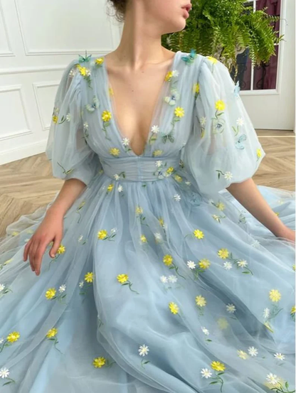 Blue floral tulle dress, Tulle dress prom, V-Neck puff sleeves prom dress, Wedding dress, Bridesmaid dress, Mesh Princess Dress  gh1823