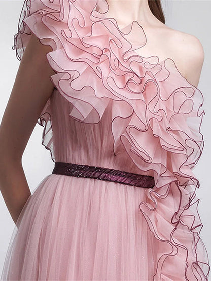 A-Line/Princess Sleeveless One Shoulder Ruffled Mesh Evening Dresses