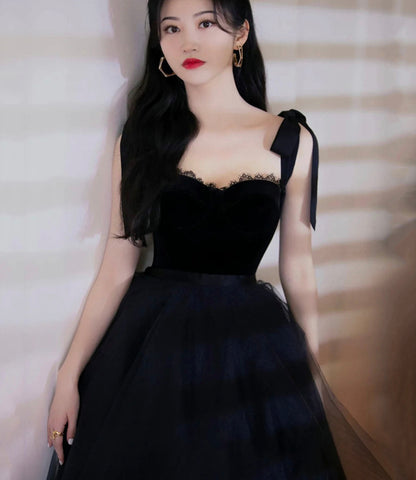 Black velvet tulle short prom dress homecoming dress  10282