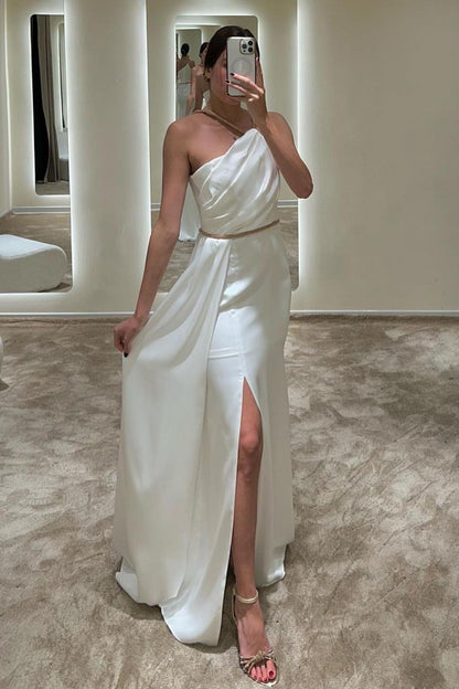 edgynewlook Simple White Satin Sleeveless One Shoulder Long Pleated Prom Dress with Split