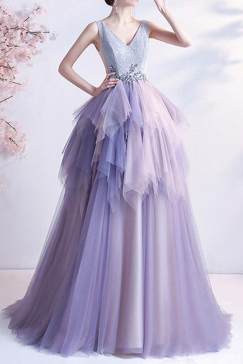 Edgynewlook Sleeveless Long Prom Dress V-Neck Tulle Layered With Beads Online