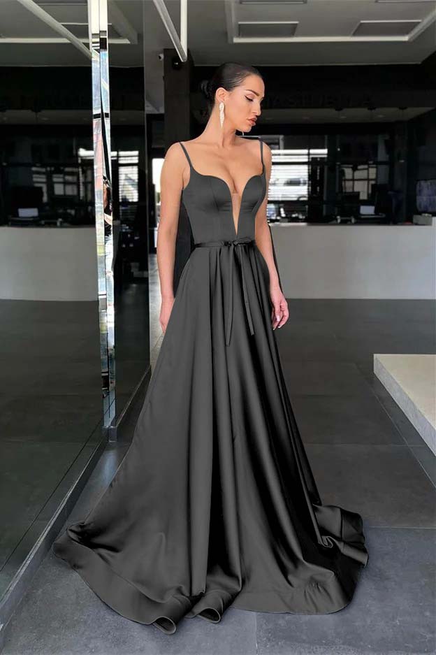 Spaghetti-Straps Long Prom Dress A Line With Belt ED0011