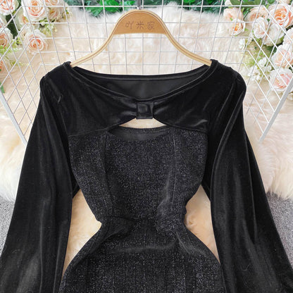 Crew neck velvet stitching long sleeve temperament French Vintage Dress  3722