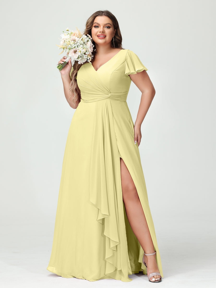 A-Line/Princess V-Neck Short Sleeves Chiffon Ruffles Split Side Plus Size Bridesmaid Dresses with Pockets