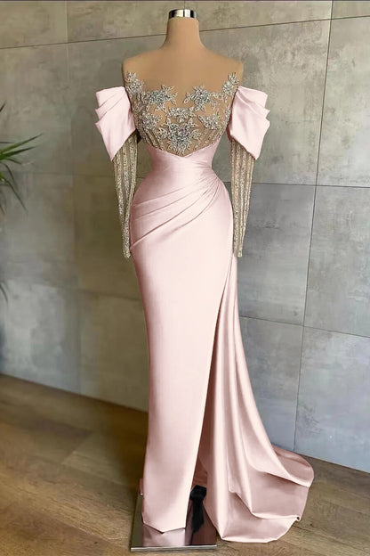 Pink Off-The-Shoulder Front Split Mermaid Long Sleeves Prom Dress Beadings With Appliques ED0148