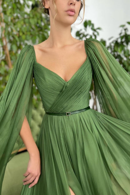 edgynewlook Elegant Green Long Puffy Sleeves Formal Prom Dress Sweetheart Tulle With Split