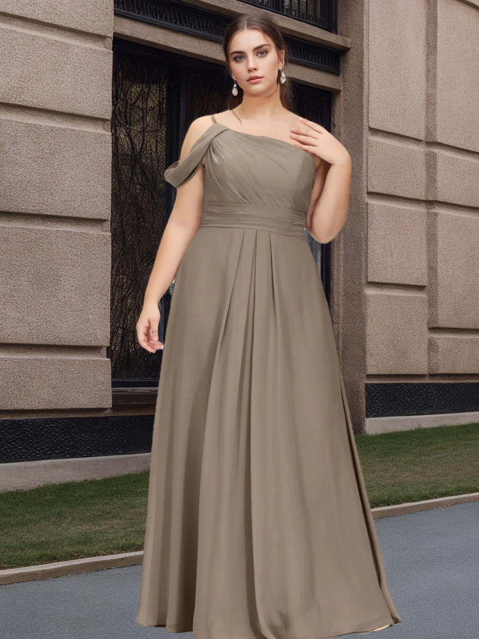 A Line/Princess Spaghetti Straps One-Shoulder Floor-Length Plus Size Bridesmaid Dresses with Ruffles