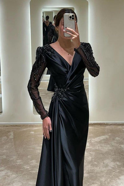 edgynewlook Glamorous Black Satin Long Sleeves V Neck Long Pleated Prom Dress with Beadings