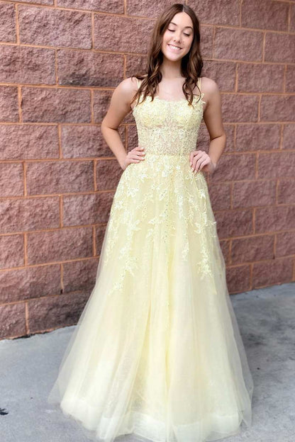 Laylah |A-Line Yellow Tulle Applique Lace-Up Prom Dress