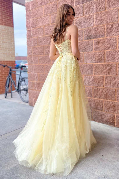 Laylah |A-Line Yellow Tulle Applique Lace-Up Prom Dress