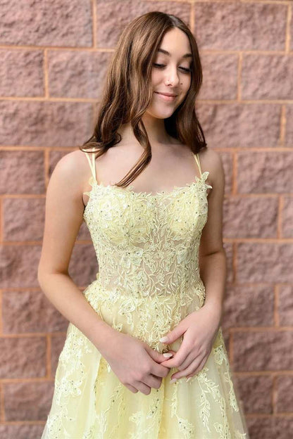 Laylah |A-Line Yellow Tulle Applique Lace-Up Prom Dress