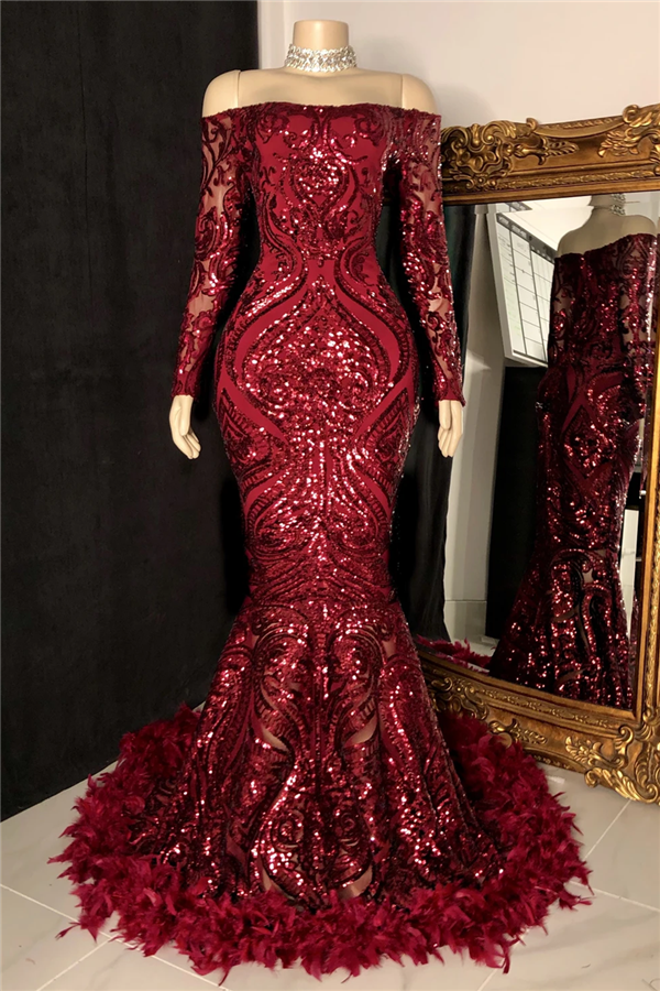 Long Sleeves Burgundy Mermaid Prom Dress Sequins With Feather PD0623