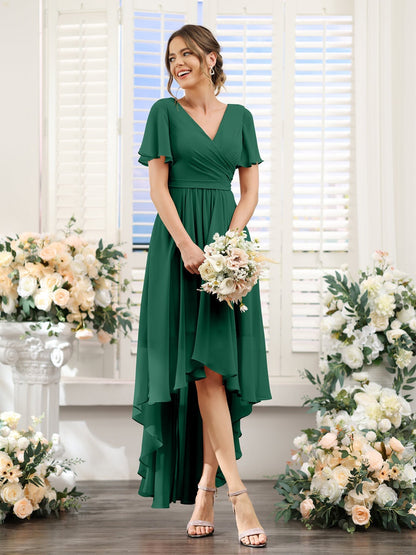 A-Line/Princess V-Neck Short Sleeves Asymmetrical Chiffon Bridesmaid Dresses with Ruched