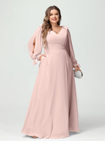 A-Line/Princess V-Neck Long Sleeves Chiffon Split Side Plus Size Bridesmaid Dresses with Pockets