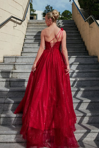 Red One-Shoulder Split Glittery Appliques Prom Dress ZT0539