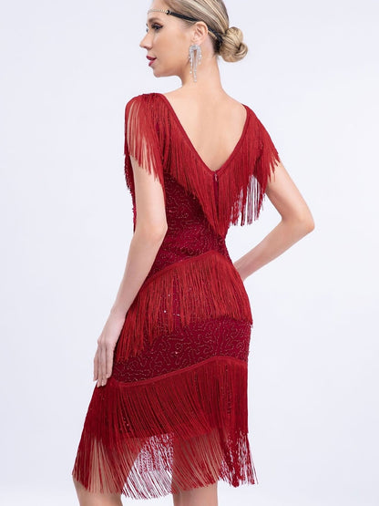 Sheath/Column V-Neck Sleeveless Knee-Length Vintage Dress with Sequins &Tassel Fringe