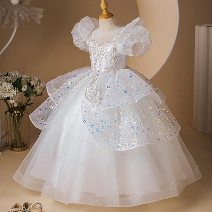 Ball Gown Short Sleeves Beaded Princess Girl Party Dress with Rhinestone Appliques