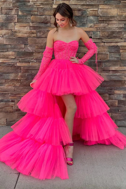 Paige |A-Line Asymmetrical Strapless Tiered Tulle Prom Dress