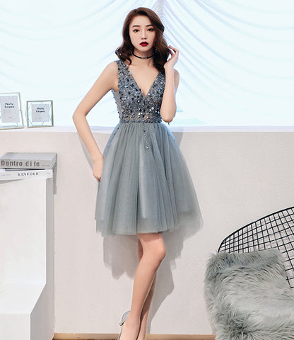 Gray tulle beads short prom dress fashion dress  8849