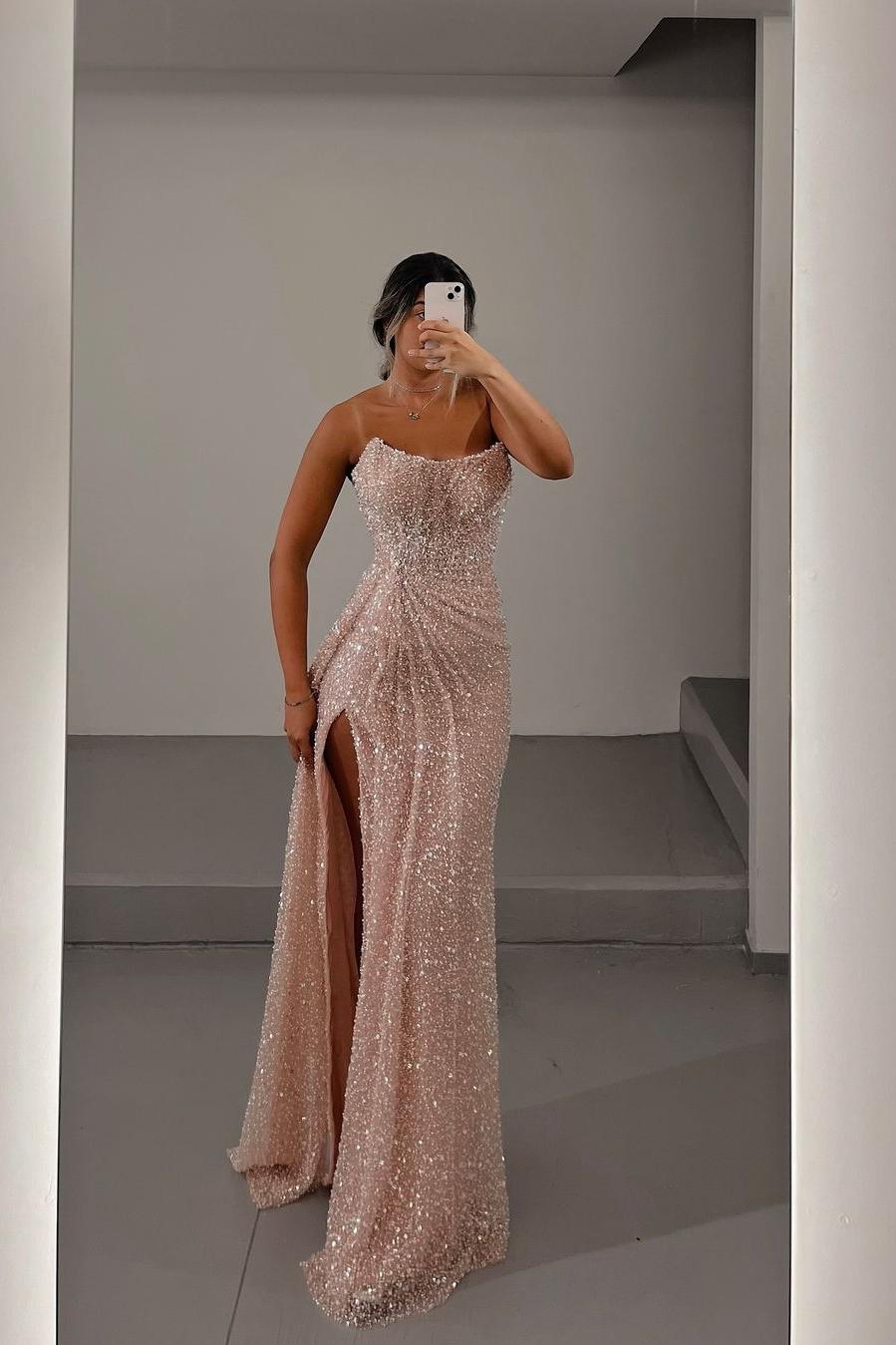 edgynewlook Glamorous Light Pink Sequins Strapless Sleeveless Long Prom Dress with Split