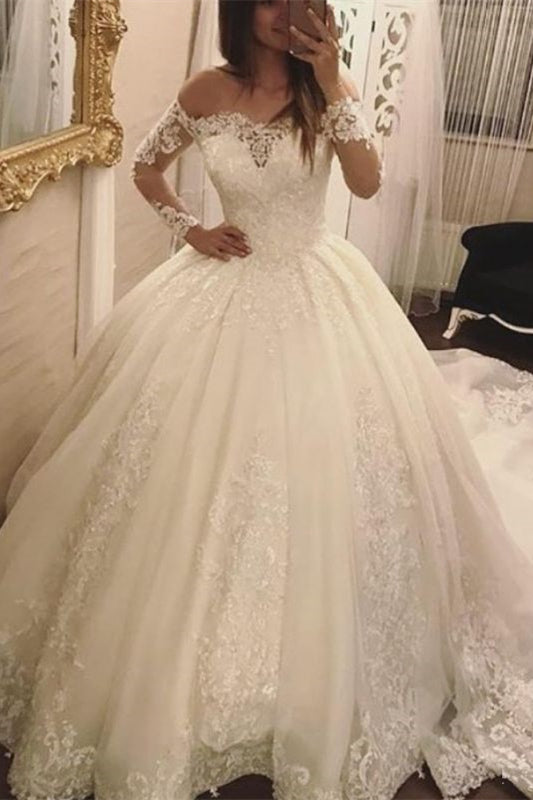 Off-the-Shoulder Long Sleeves Ball Gown Wedding Dress With Lace Appliques PD0948