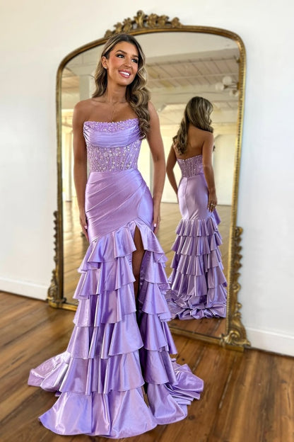 edgynewlook Purple Strapless Long Slit Prom Dress Sleeveless with Sequins