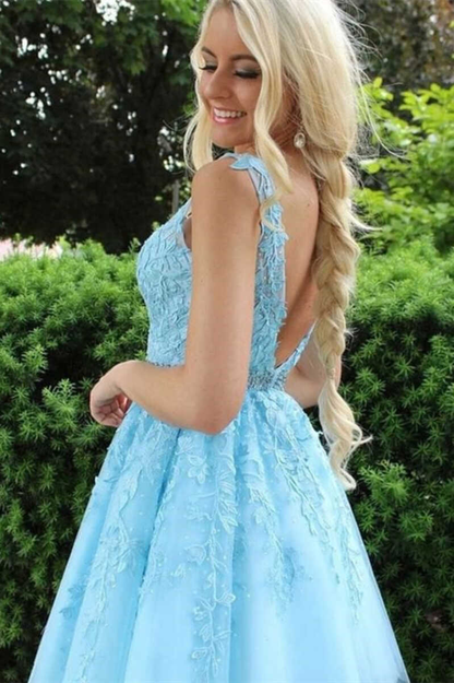 Light Blue Appliques V-Neck A-Line Short Homecoming Dress gh1327