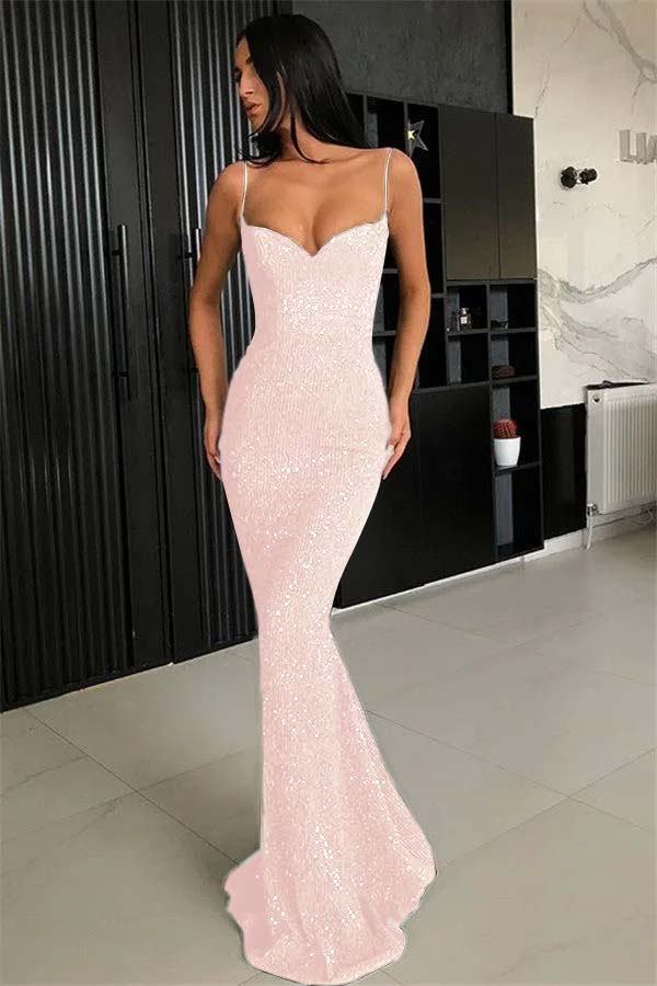 Elegant Black Spaghetti-Straps Mermaid Prom Dress With Sequins ED0485