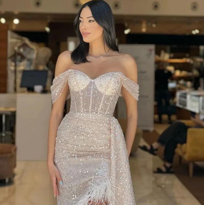 Charming Champagne Sequins Prom Dress With Feather Off-The-Shoulder ED0640