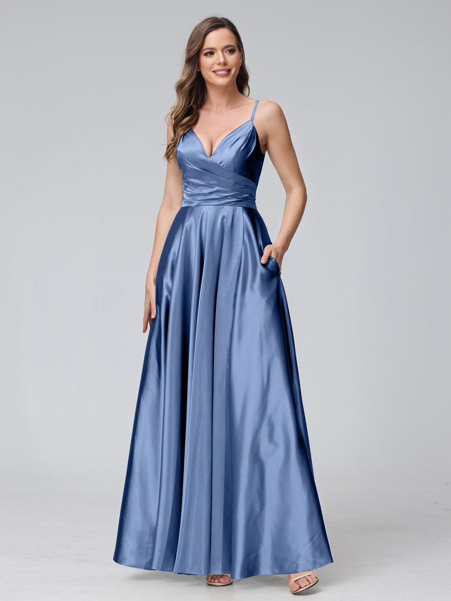 A-Line/Princess V-Neck Sleeveless Ankle-Length Silk Satin Bridemaid Dresses with Pockets & Split Side