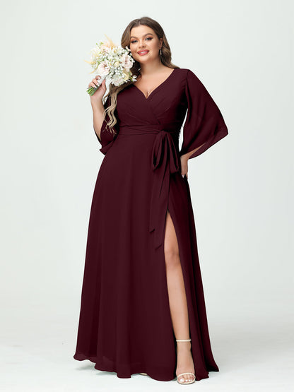 A-Line/Princess/Princess V-Neck Long Sleeves Chiffon Plus Size Bridesmaid Dresses With Pockets Belt & Split Side