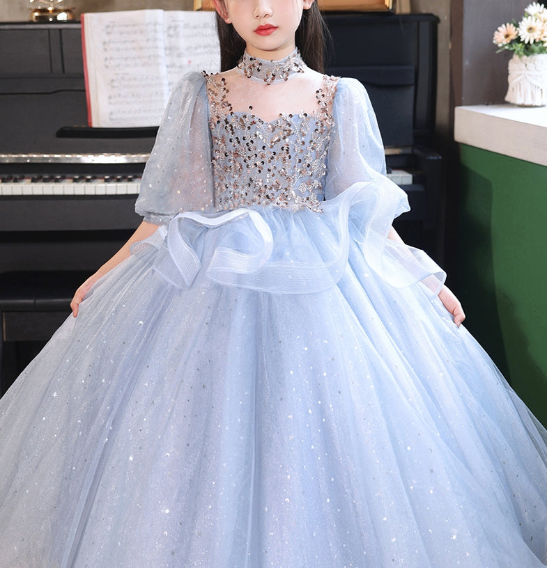 Ball Gown High Neck 3/4 Sleeves Flower Girl Party Dress with Rhinestones