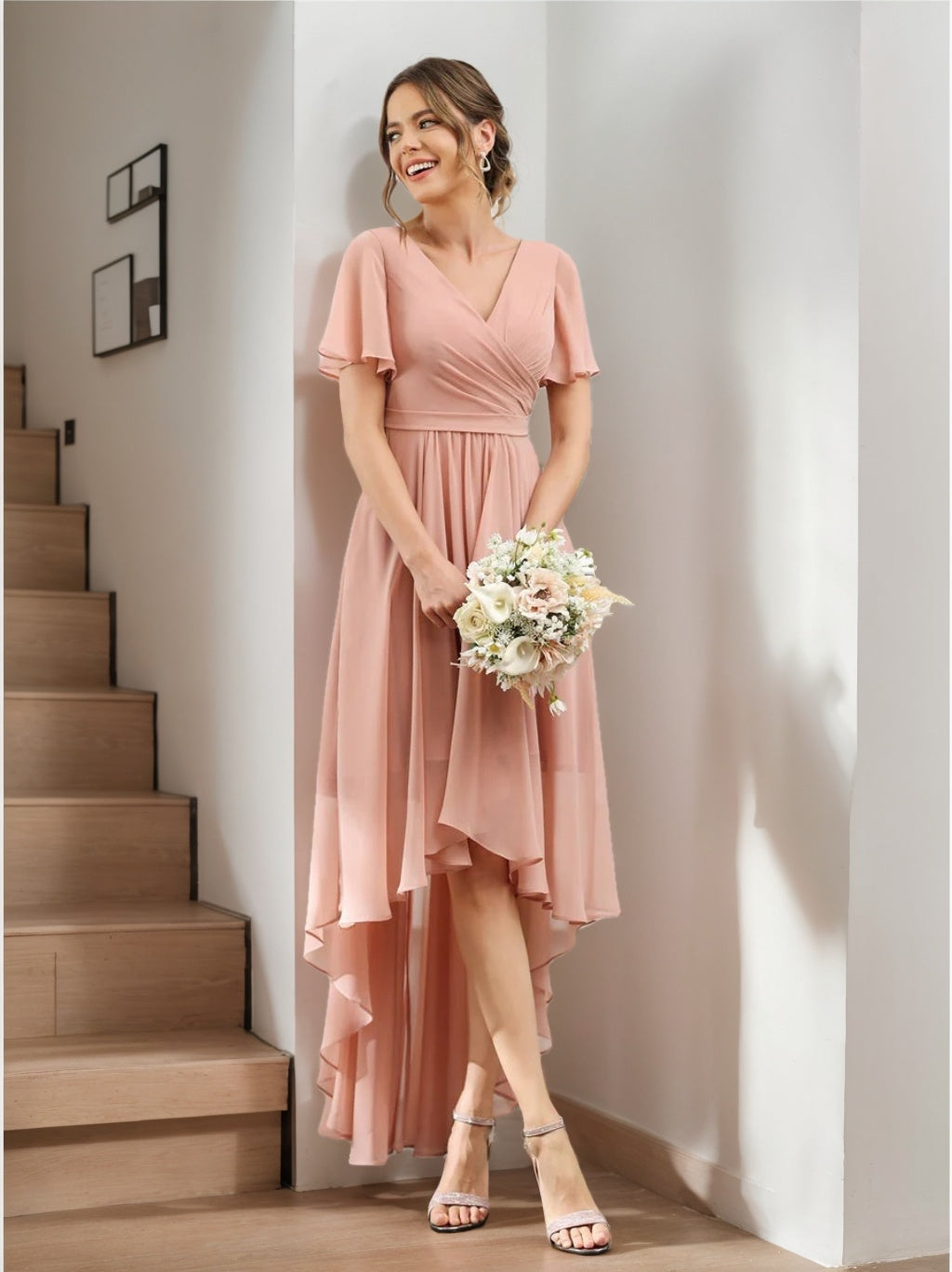 A-Line/Princess V-Neck Short Sleeves Asymmetrical Chiffon Bridesmaid Dresses with Ruched