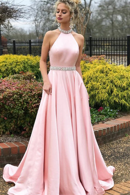 Pink Halter Sleeveless Mermaid Prom Dress With Beads PD0602