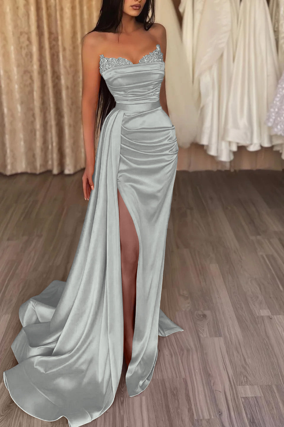 Orange Strapless Long Mermaid Prom Dress Split With Ruffles PD0857