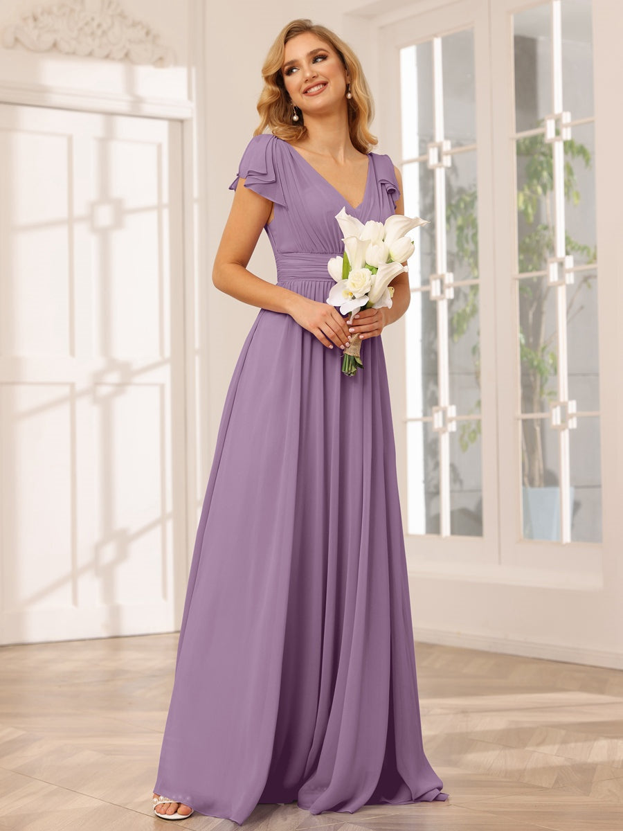 A-Line/Princess V-Neck Short Sleeves Long Bridesmaid Dresses with Ruffles