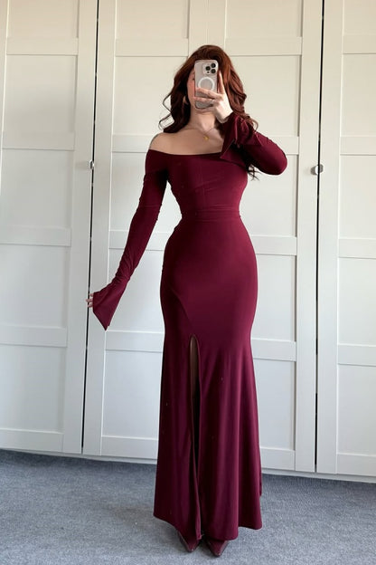 Burgundy Slim Fit Off-The-Shoulder Long Sleeves Prom Dress With Split ZT0490