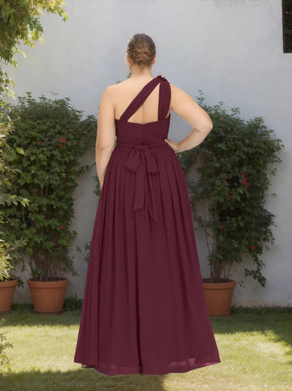 A-Line/Princess One-Shoulder Sleeveless Floor-Length Chiffon Plus Size Bridesmaid Dress With Ruffles