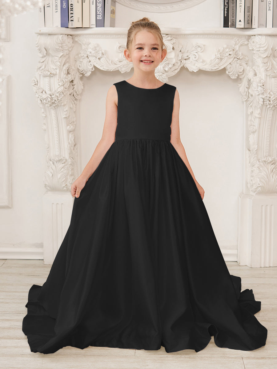 A-Line Princess Sleeveless Satin Flower Girl Dress with Sweep Train and Bow