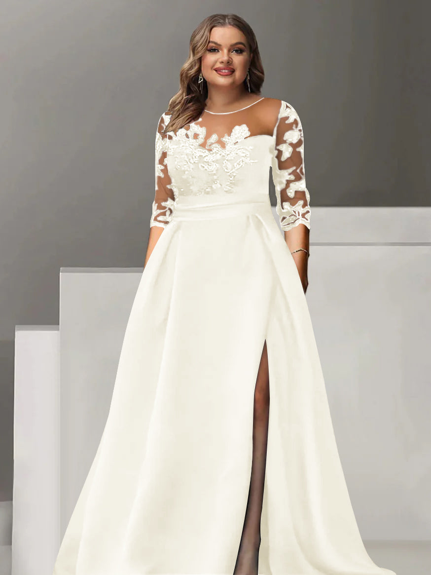 A-Line/Princess Sweetheart 3/4 Sleeves Floor-Length Plus Size Mother Of The Bride Dresses With Lace & Split Side