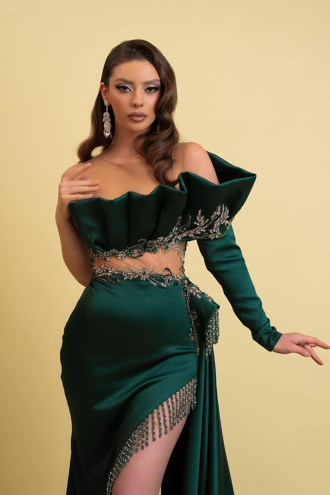 Dark Green Long Sleeves Charmeuse Prom Dress With Tassel High Slit Trail YL0260