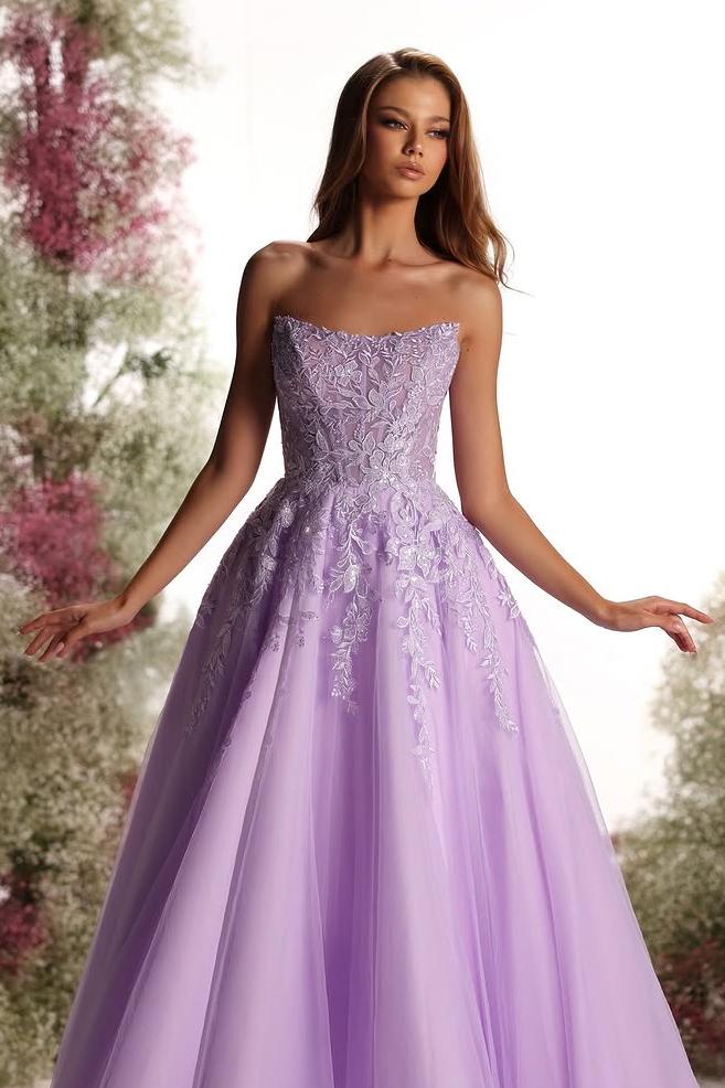 edgynewlook Beautiful Purple Tulle Sleeveless Strapless Applique A Line Prom Dress with Pleated