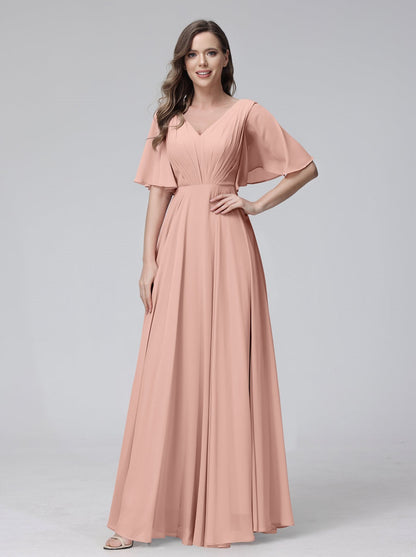 A-Line/Princess V-Neck Half Sleeves Floor-Length Bridemaid Dresses With Ruffles & Pockets