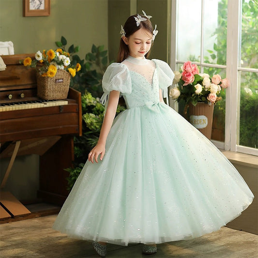 Ball Gown Short Sleeves Floor Length Flower Girl Party Dress with Rhinestone & Bow