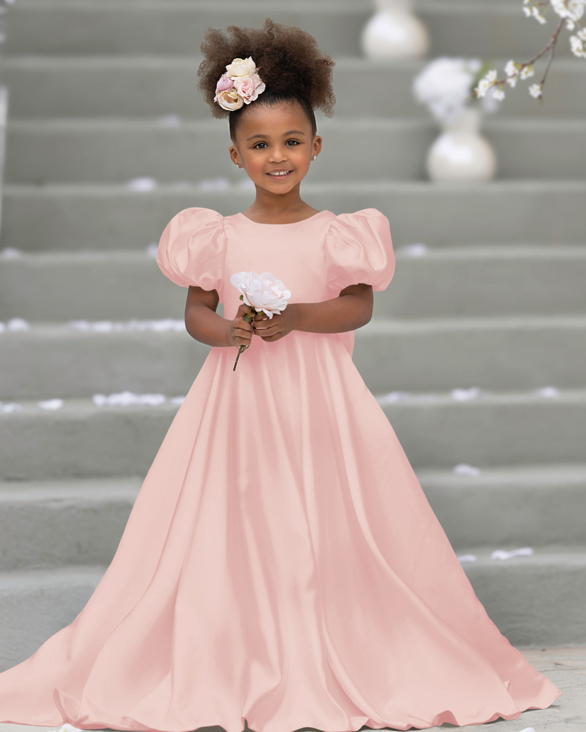 Puff Sleeve Bow Button Back Sweep Train Flower Girl Dress